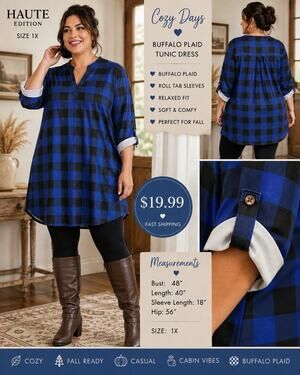 Haute Edition 1X Blue Black Buffalo Plaid Tunic Dress Roll Tab Sleeve NWT